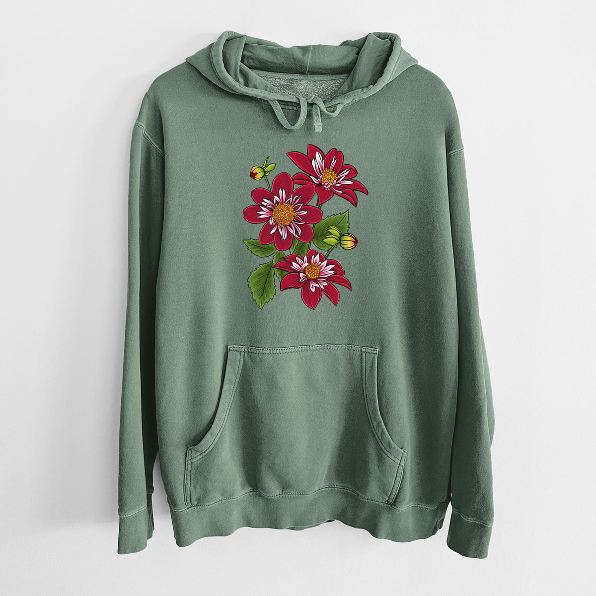 Alpine green pigment dyed hoodie laid flat, printed with a full-color illustration of deep red dahlia flowers with green leaves and a small bee.