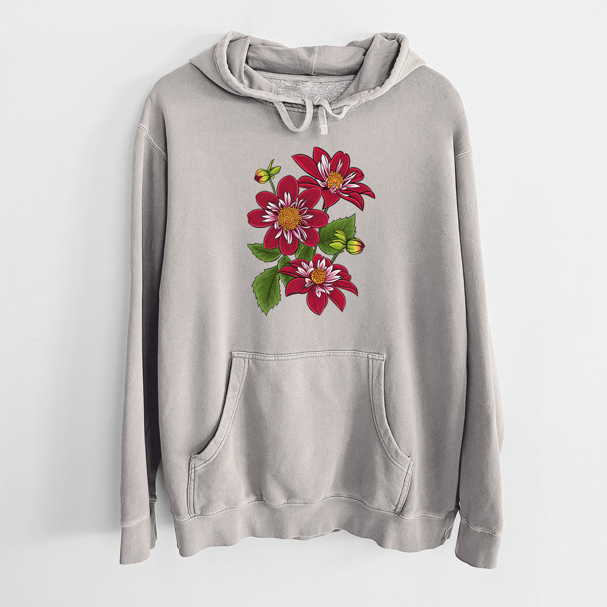 Cement grey pigment dyed hoodie laid flat, printed with a full-color illustration of deep red dahlia flowers with green leaves and a small bee.