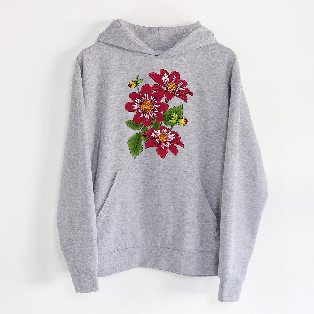 Dahlia Collarette - Night Butterfly - Statement Midweight Hoodie in Heather Grey, hanging on a white wall, with a front kangaroo pocket and no drawcords.