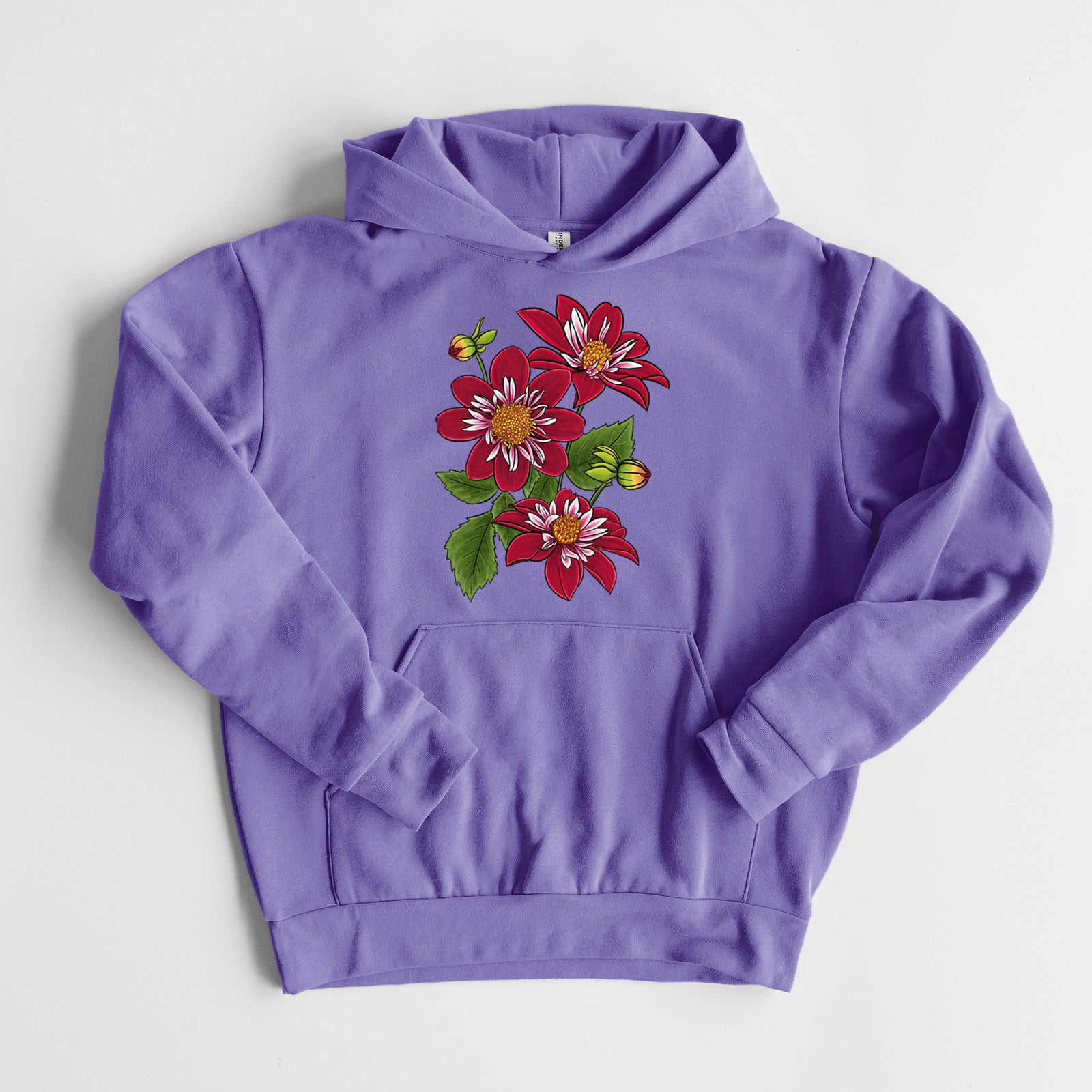 Dahlia Collarette - Night Butterfly - Statement Midweight Hoodie in Violet, laid flat, showing the oversized boxy fit and front kangaroo pocket.