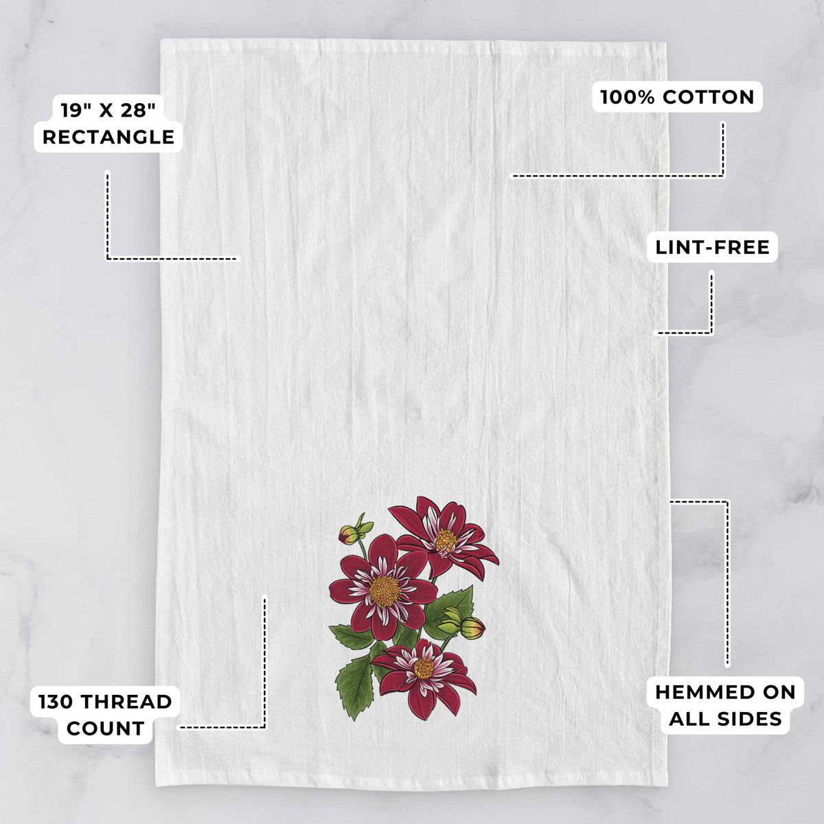 White tea towel printed with a full-color illustration of deep red dahlia flowers with green leaves and a small bee, with feature labels: 19 by 28 inch rectangle, 100% cotton, lint-free, 130 thread count, hemmed on all sides.