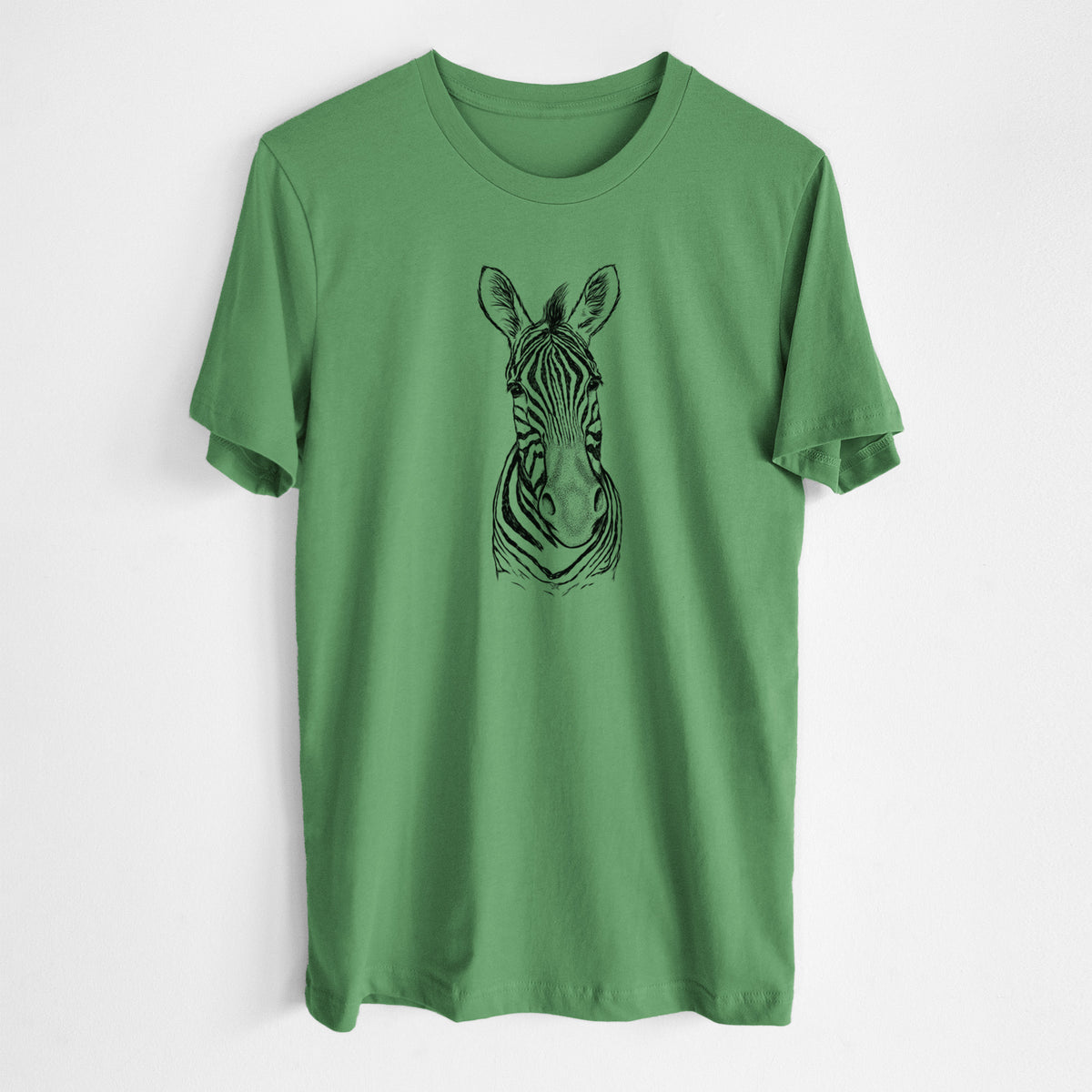 Leaf green lightweight cotton t-shirt laid flat, printed with a detailed black ink portrait of a Damara zebra facing forward.