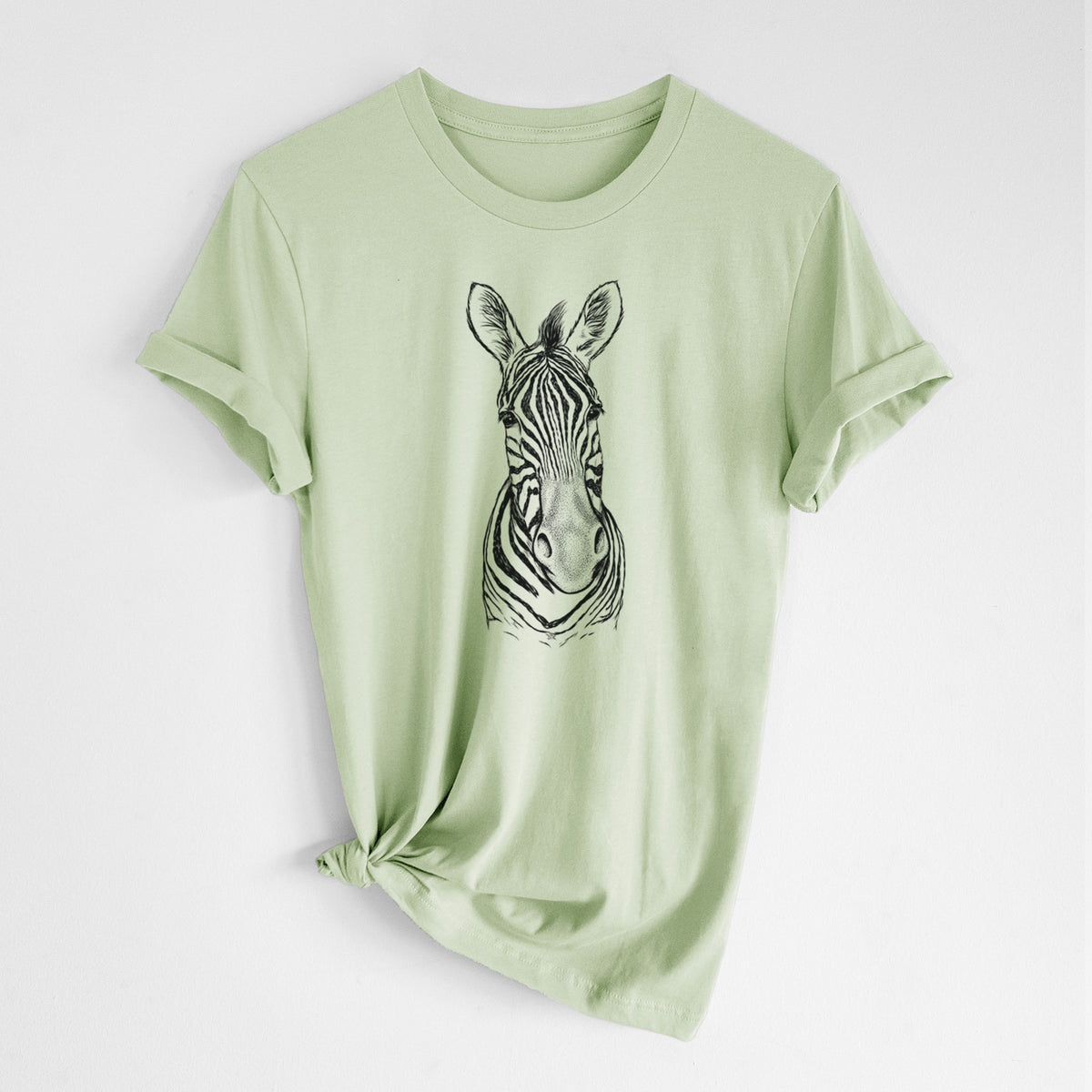 Spring green lightweight cotton t-shirt laid flat with the sleeves rolled, printed with a detailed black ink portrait of a Damara zebra facing forward.