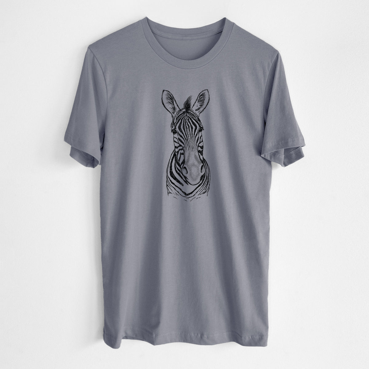 Storm grey lightweight cotton t-shirt laid flat, printed with a detailed black ink portrait of a Damara zebra facing forward.