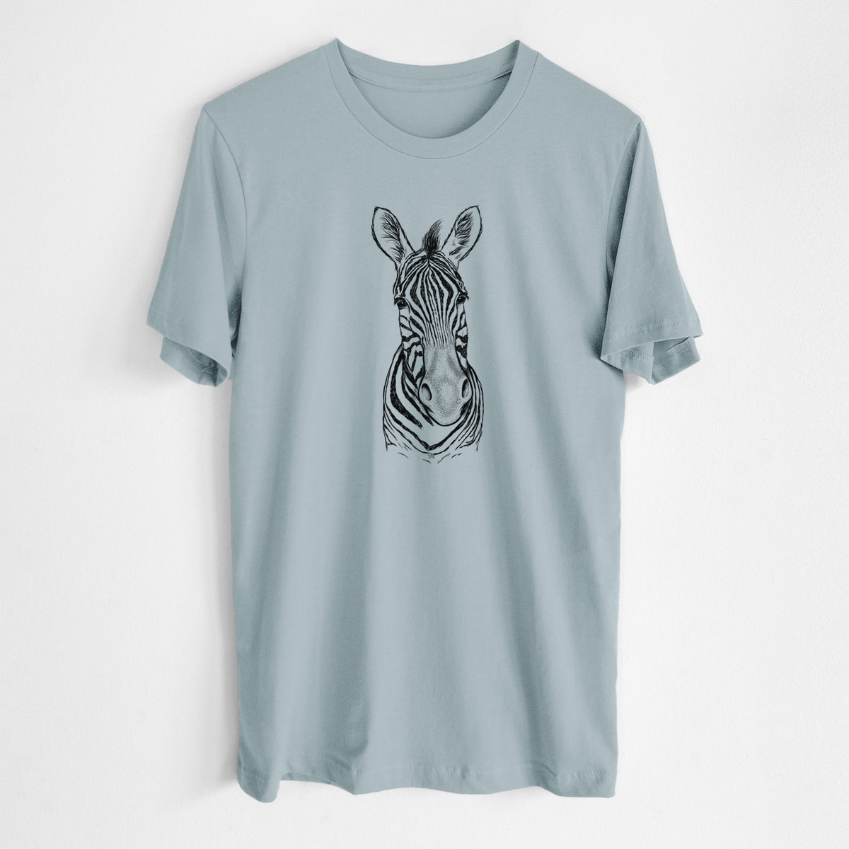 Vintage denim lightweight cotton t-shirt laid flat, printed with a detailed black ink portrait of a Damara zebra facing forward.