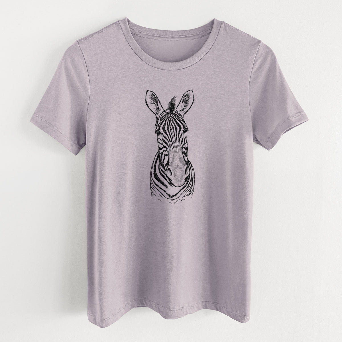 Light violet women's relaxed fit cotton t-shirt laid flat, printed with a detailed black ink portrait of a Damara zebra facing forward.