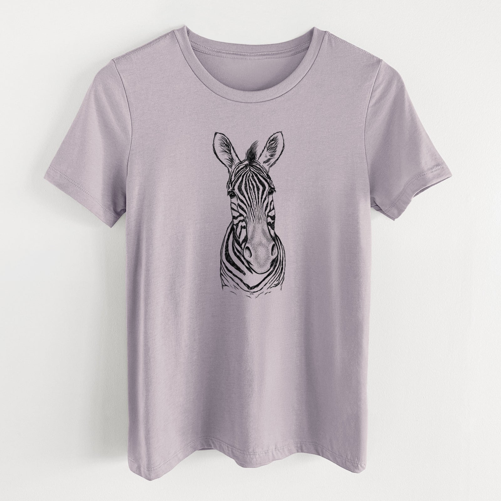 Light violet women's relaxed fit cotton t-shirt laid flat, printed with a detailed black ink portrait of a Damara zebra facing forward.