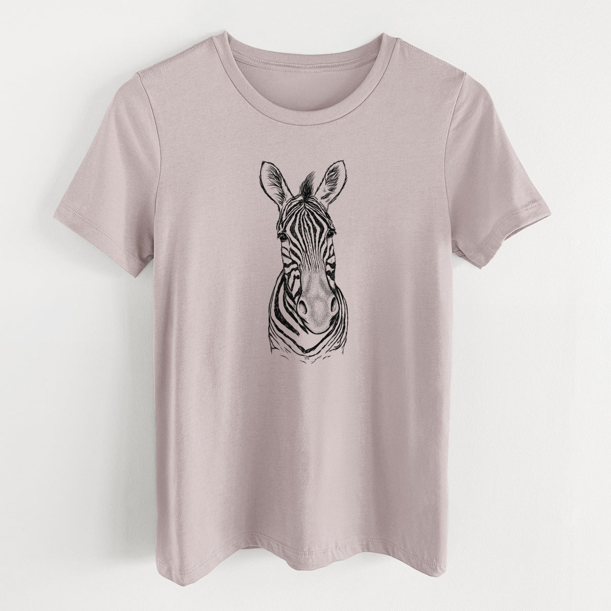 Pink gravel women's relaxed fit cotton t-shirt laid flat, printed with a detailed black ink portrait of a Damara zebra facing forward.