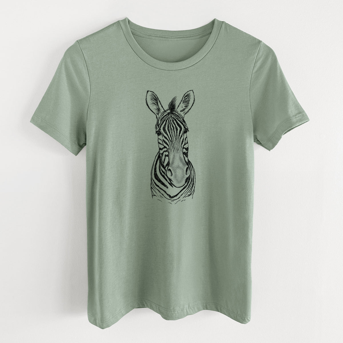 Sage green women's relaxed fit cotton t-shirt laid flat, printed with a detailed black ink portrait of a Damara zebra facing forward.