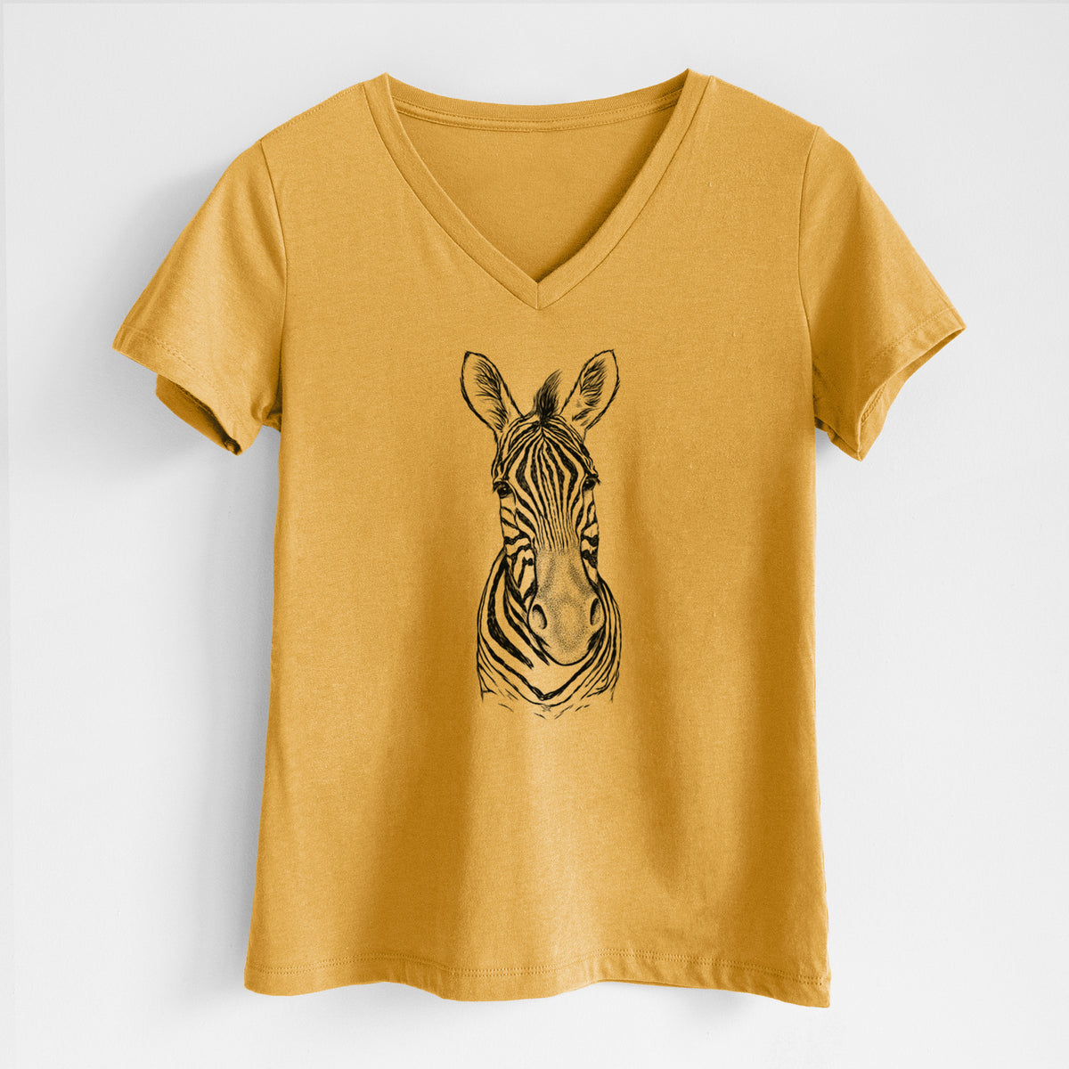 Honeycomb yellow women's relaxed fit cotton V-neck t-shirt laid flat, printed with a detailed black ink portrait of a Damara zebra facing forward.