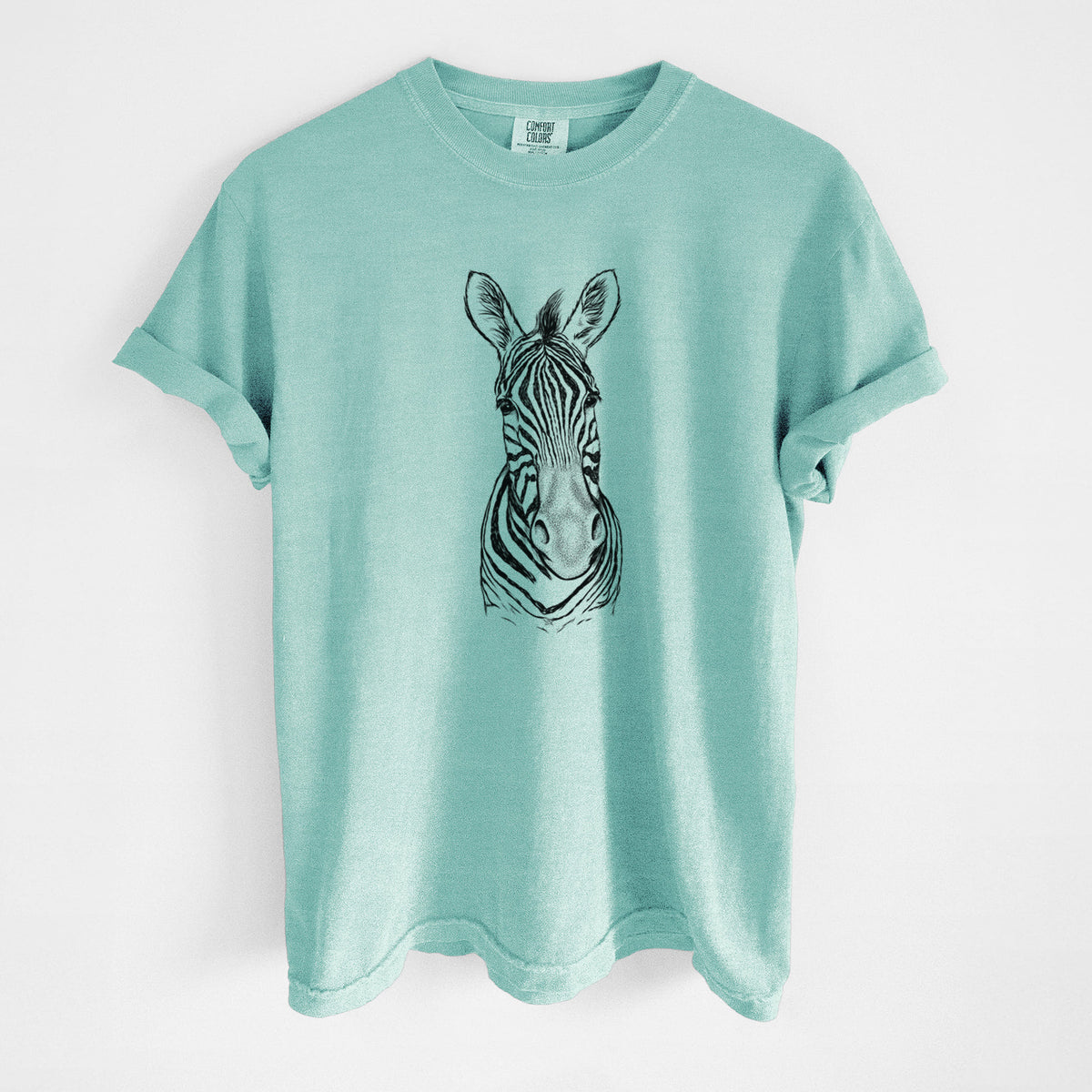 Chalky mint Comfort Colors t-shirt laid flat, printed with a detailed black ink portrait of a Damara zebra facing forward.