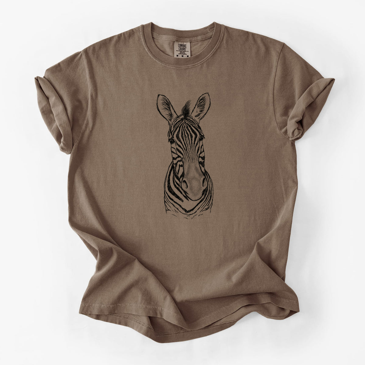 Espresso brown Comfort Colors t-shirt laid flat, printed with a detailed black ink portrait of a Damara zebra facing forward.