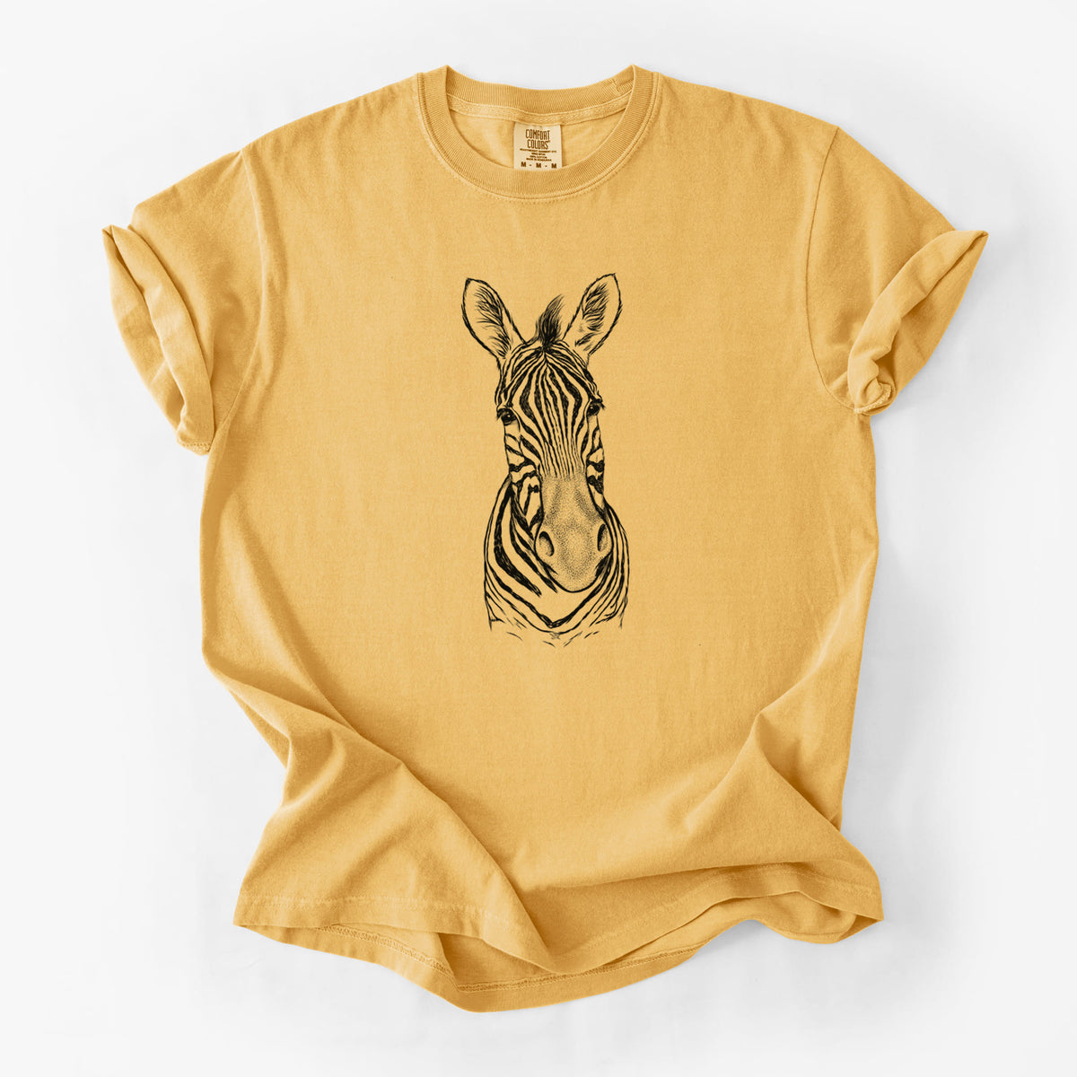 Golden wheat yellow Comfort Colors t-shirt laid flat, printed with a detailed black ink portrait of a Damara zebra facing forward.
