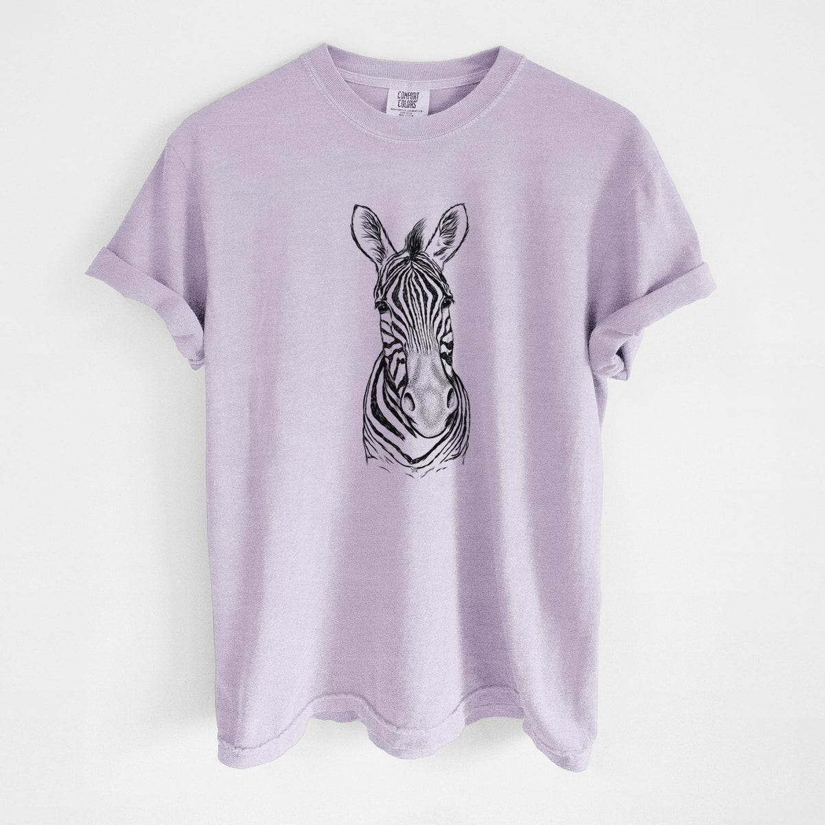 Orchid purple Comfort Colors t-shirt laid flat, printed with a detailed black ink portrait of a Damara zebra facing forward.