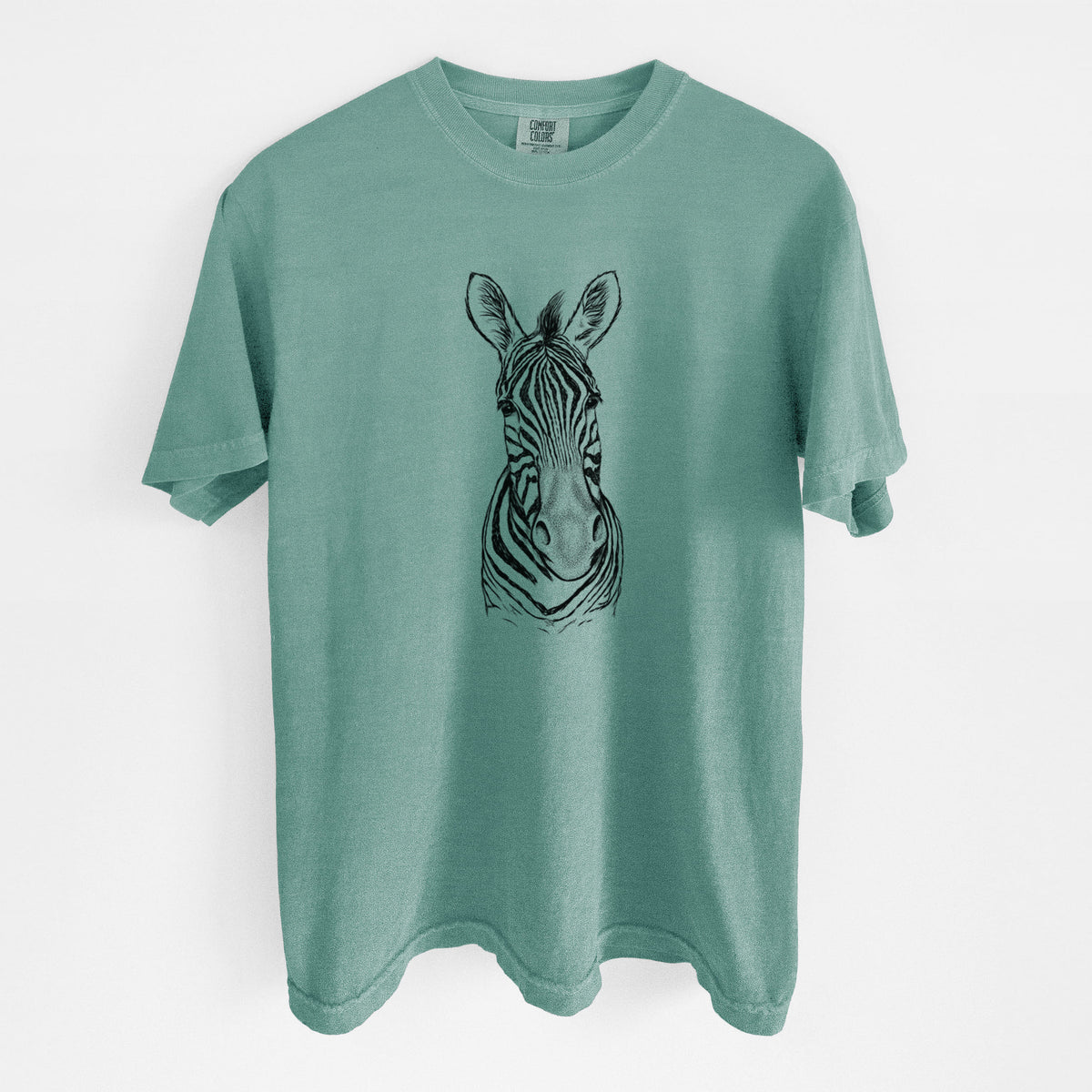 Reef green Comfort Colors t-shirt laid flat, printed with a detailed black ink portrait of a Damara zebra facing forward.
