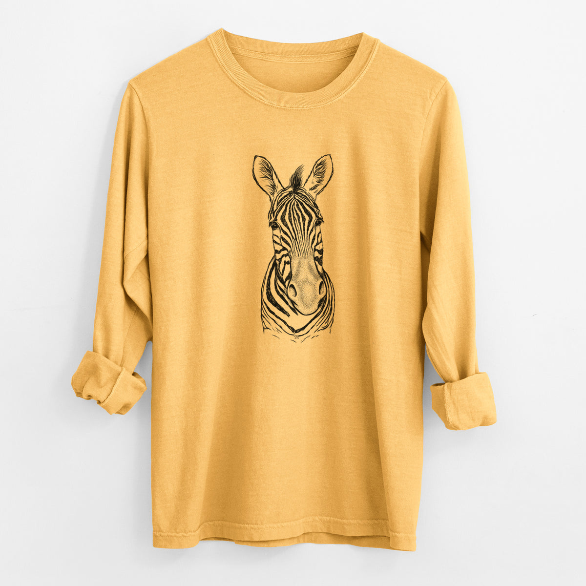 Golden wheat yellow Comfort Colors long sleeve shirt laid flat with the cuffs rolled, printed with a detailed black ink portrait of a Damara zebra facing forward.