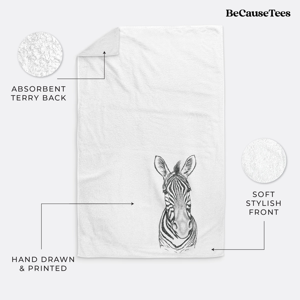 White hand towel printed with a detailed black ink portrait of a Damara zebra facing forward.