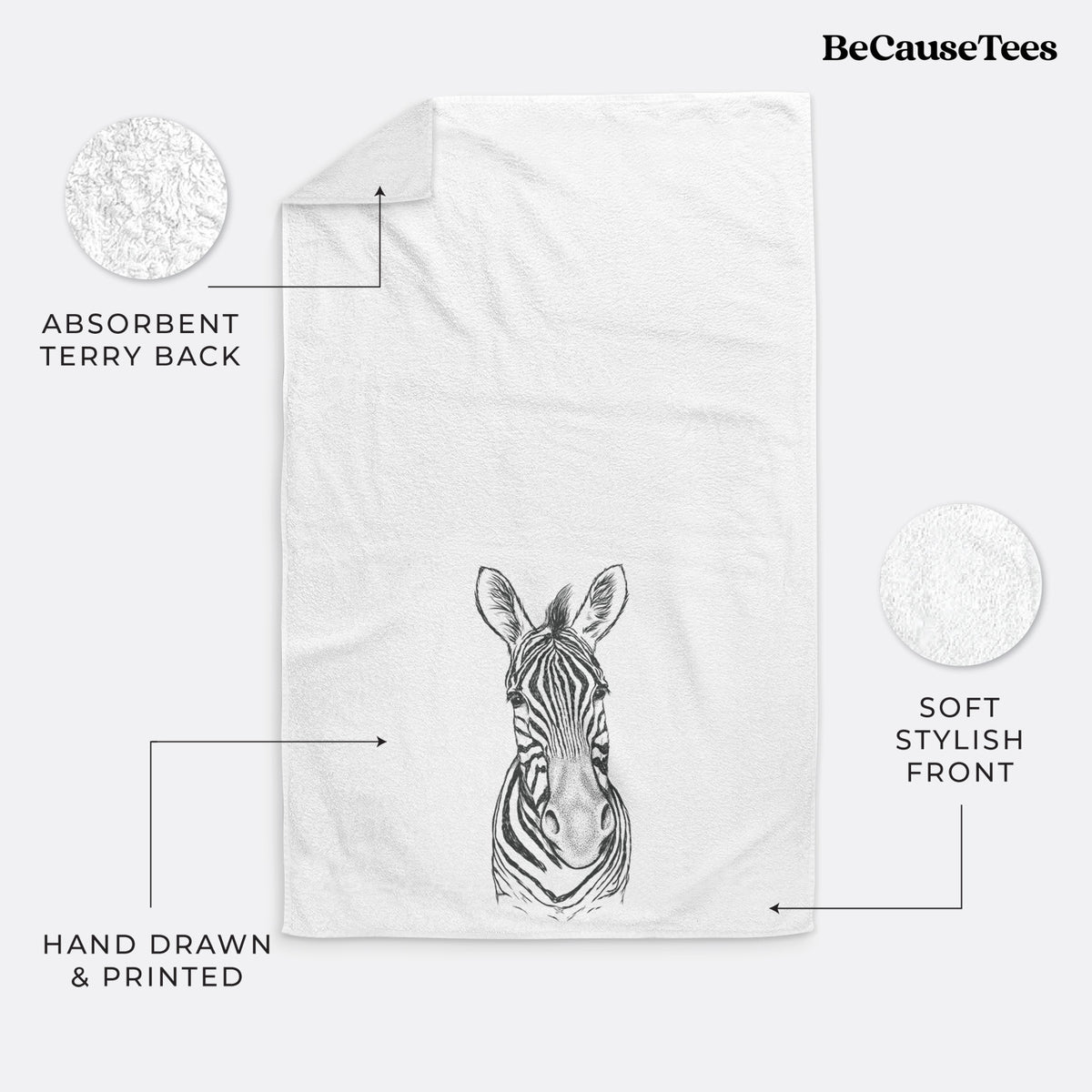White hand towel printed with a detailed black ink portrait of a Damara zebra facing forward.