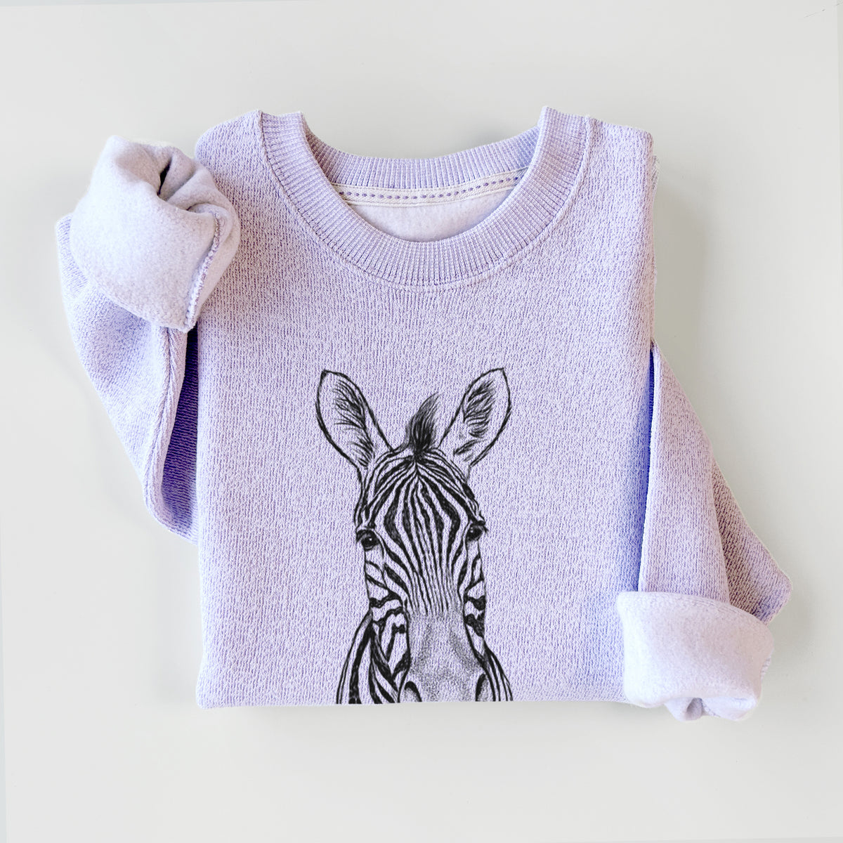 Ice purple knit sweatshirt printed with a detailed black ink portrait of a Damara zebra facing forward, styled flat.