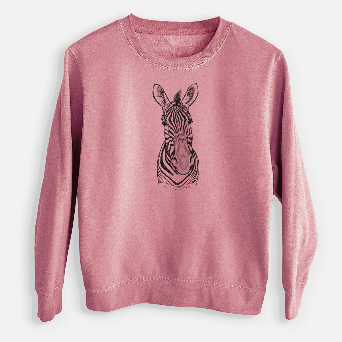 Mauve pink youth crewneck sweatshirt laid flat, printed with a detailed black ink portrait of a Damara zebra facing forward.