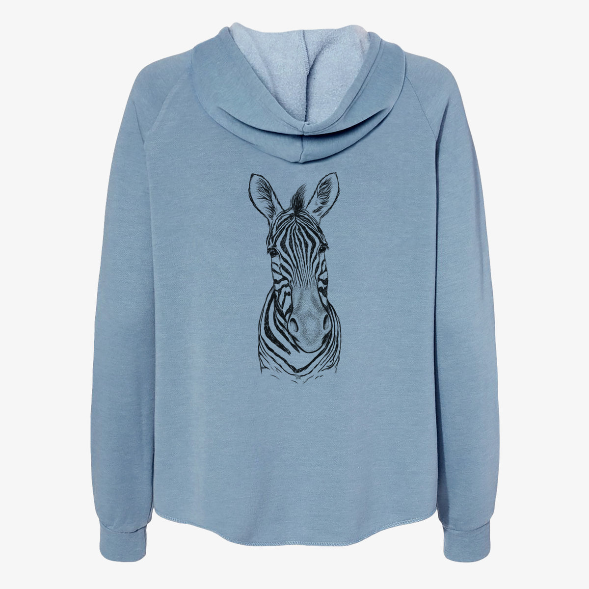 Misty blue women's Cali Wave zip-up sweatshirt laid flat, printed with a detailed black ink portrait of a Damara zebra facing forward.