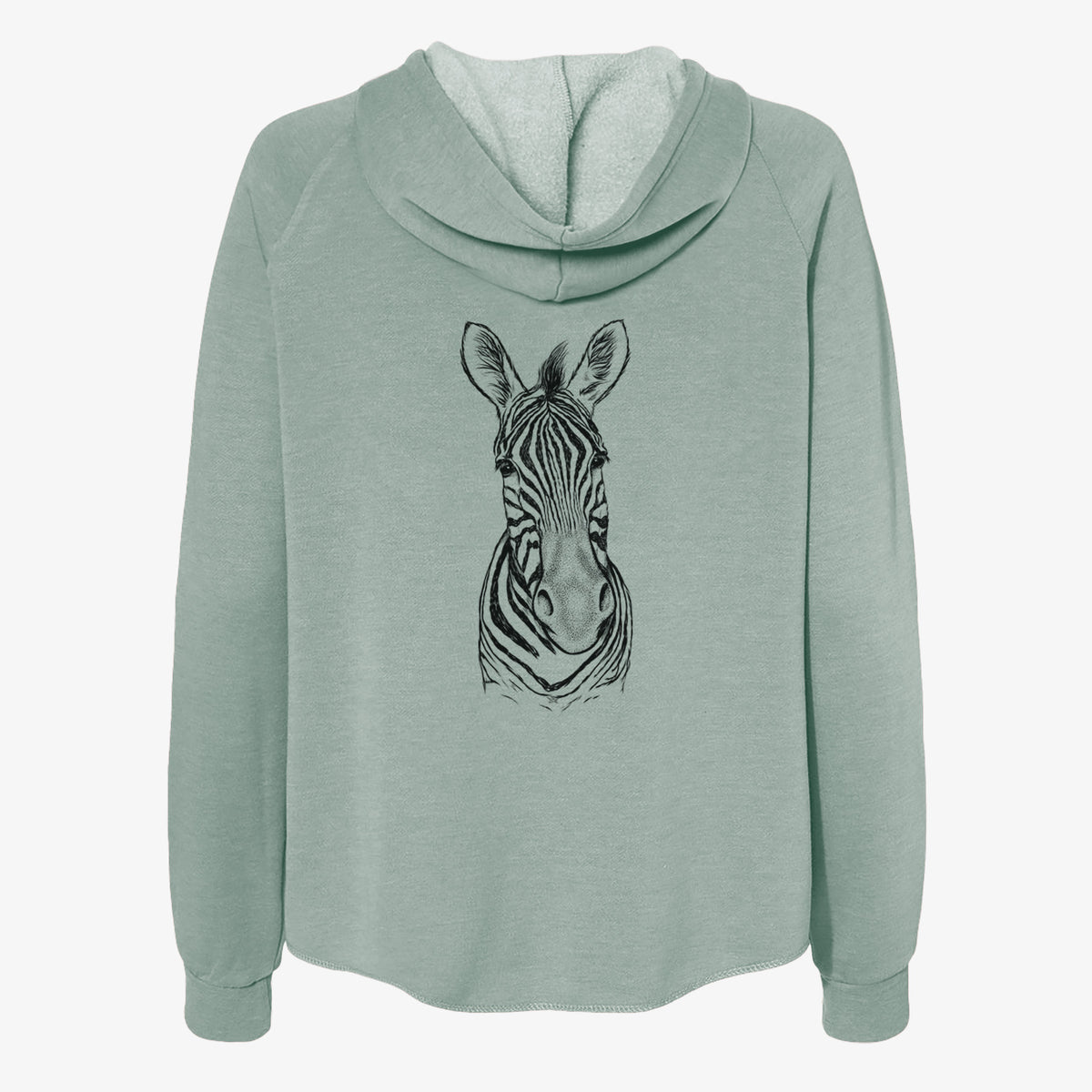 Sage green women's Cali Wave zip-up sweatshirt laid flat, printed with a detailed black ink portrait of a Damara zebra facing forward.