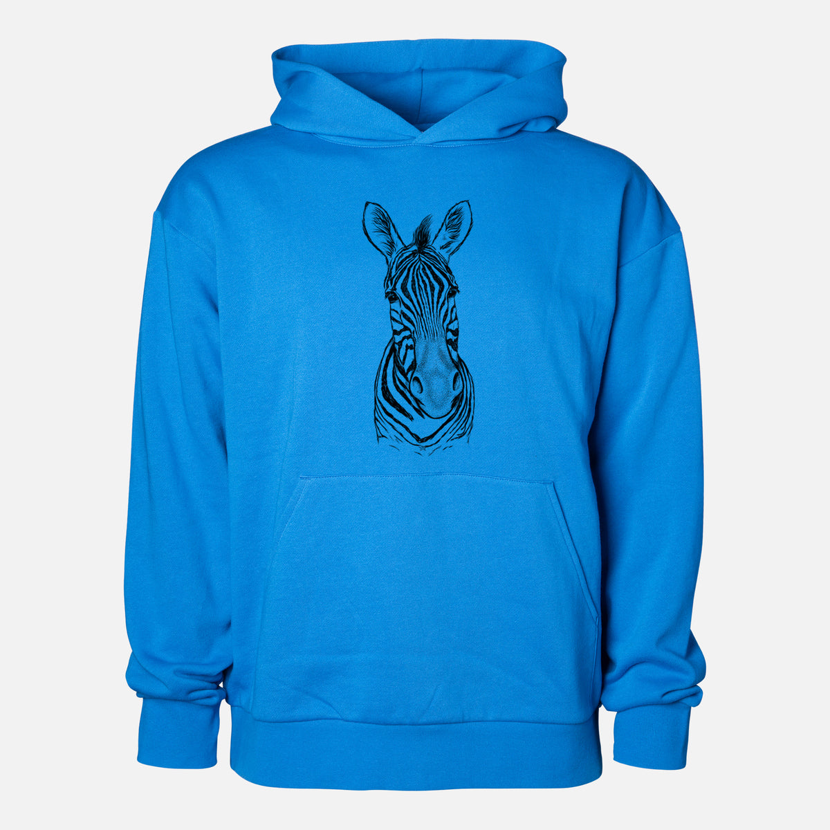 Damara Zebra - Equus quagga antiquorum - Statement Midweight Hoodie in Azure Blue, shown from the front with the design printed on the chest above a front kangaroo pocket.