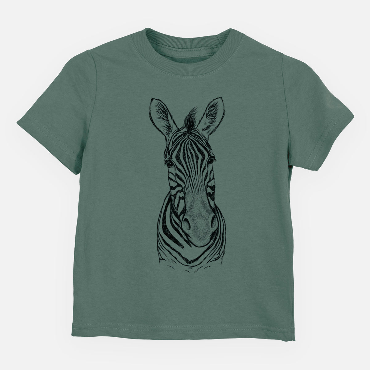 Basil green toddler t-shirt laid flat, printed with a detailed black ink portrait of a Damara zebra facing forward.