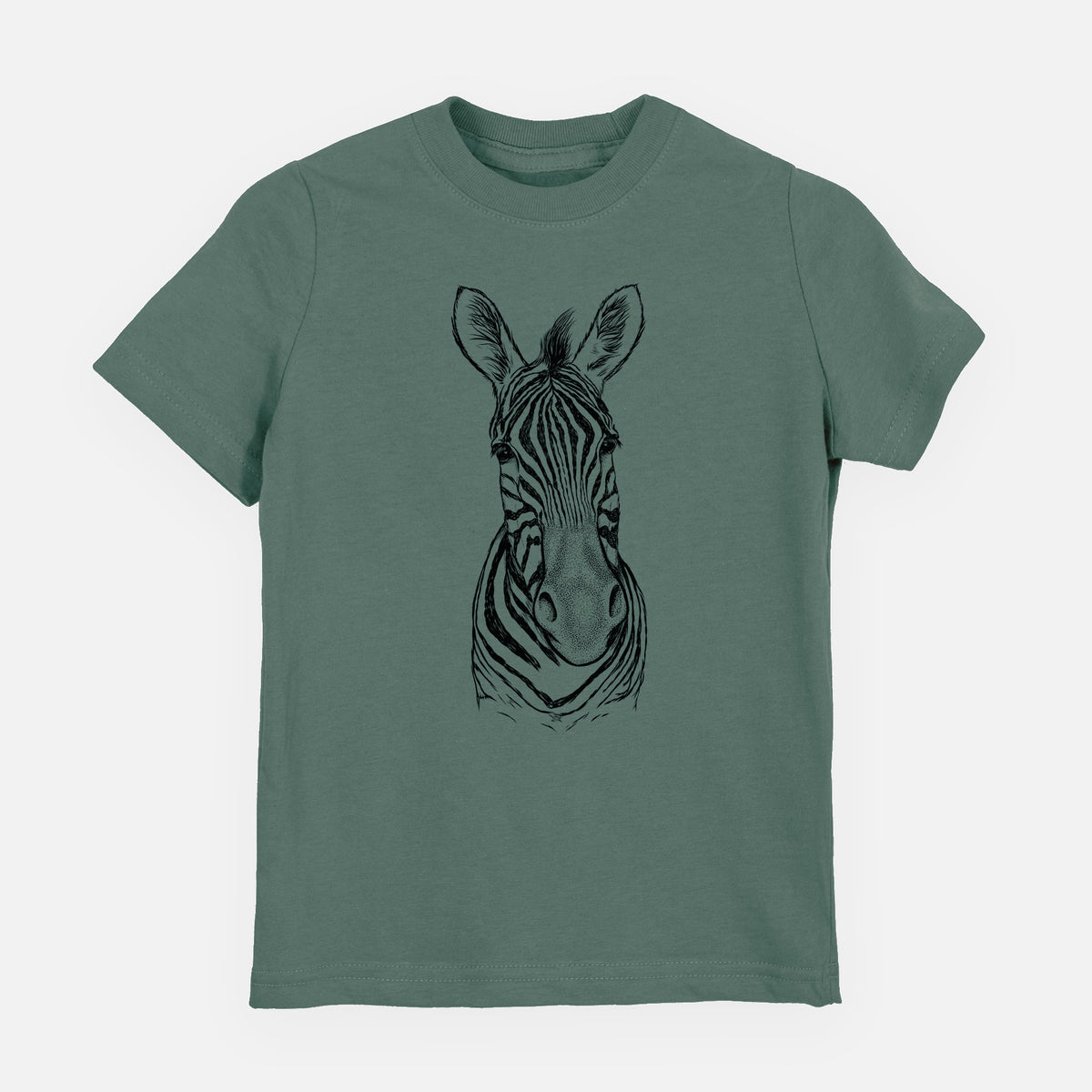 Basil green youth t-shirt laid flat, printed with a detailed black ink portrait of a Damara zebra facing forward.