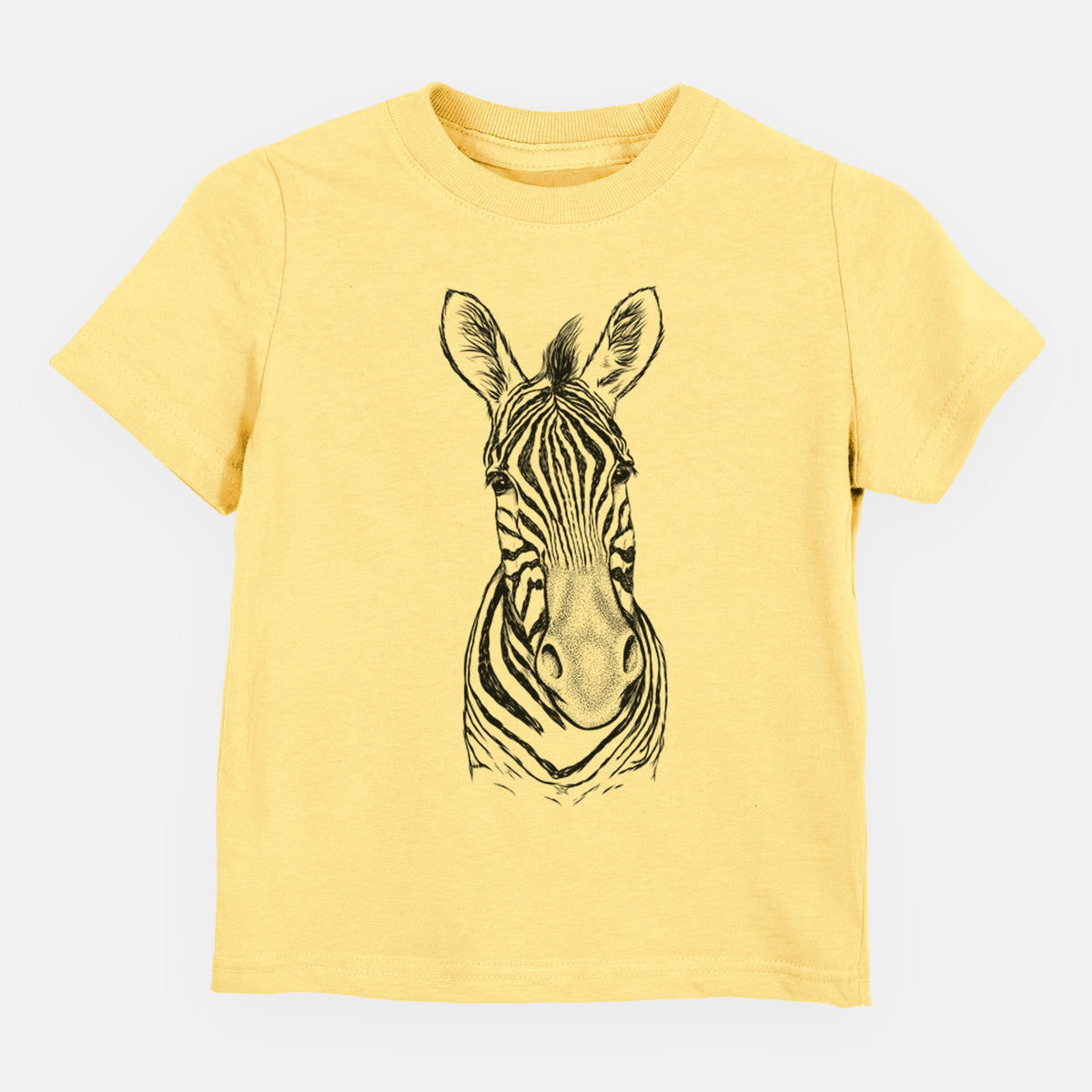 Butter yellow toddler t-shirt laid flat, printed with a detailed black ink portrait of a Damara zebra facing forward.