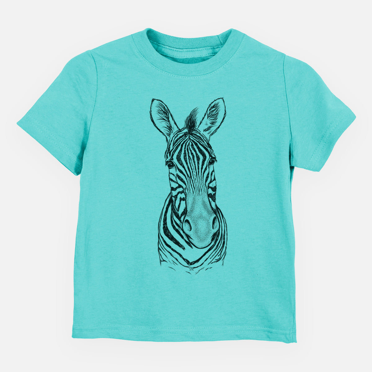 Caribbean blue toddler t-shirt laid flat, printed with a detailed black ink portrait of a Damara zebra facing forward.