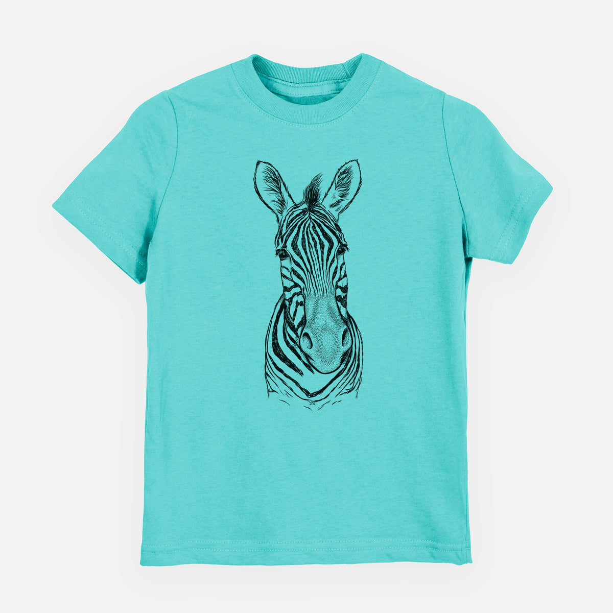 Caribbean blue youth t-shirt laid flat, printed with a detailed black ink portrait of a Damara zebra facing forward.