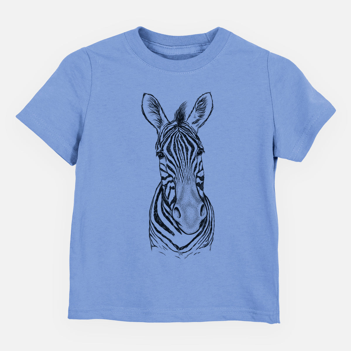 Carolina blue toddler t-shirt laid flat, printed with a detailed black ink portrait of a Damara zebra facing forward.