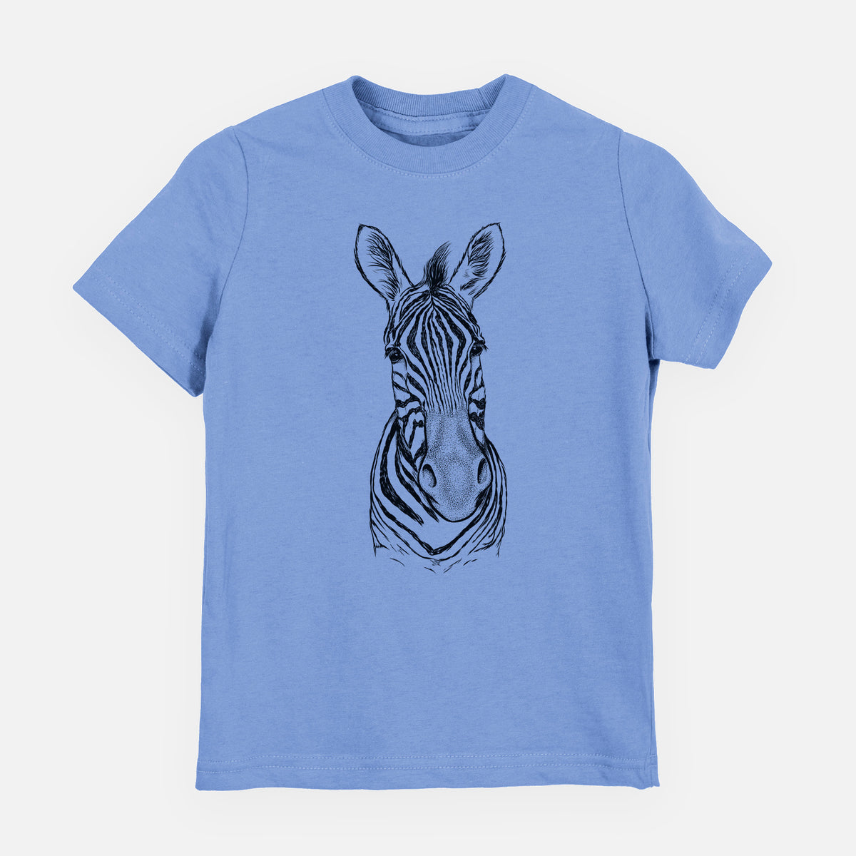 Carolina blue youth t-shirt laid flat, printed with a detailed black ink portrait of a Damara zebra facing forward.