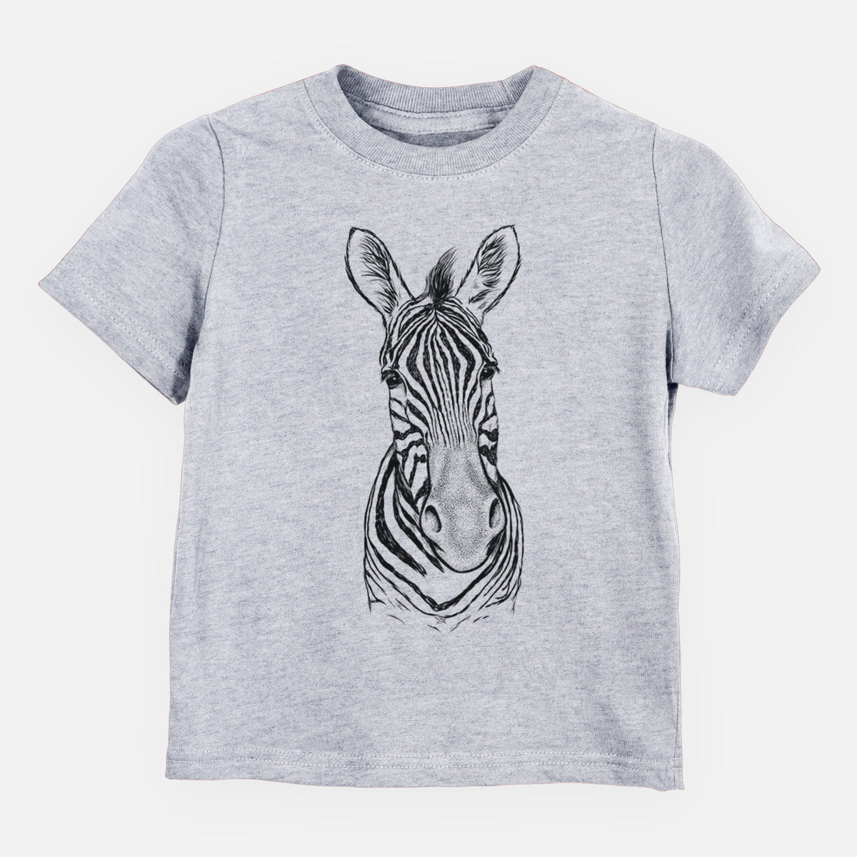 Heather grey toddler t-shirt laid flat, printed with a detailed black ink portrait of a Damara zebra facing forward.