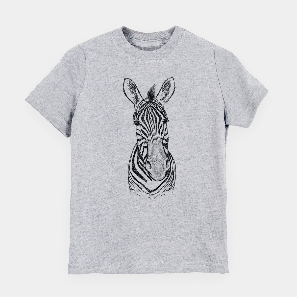 Heather grey youth t-shirt laid flat, printed with a detailed black ink portrait of a Damara zebra facing forward.