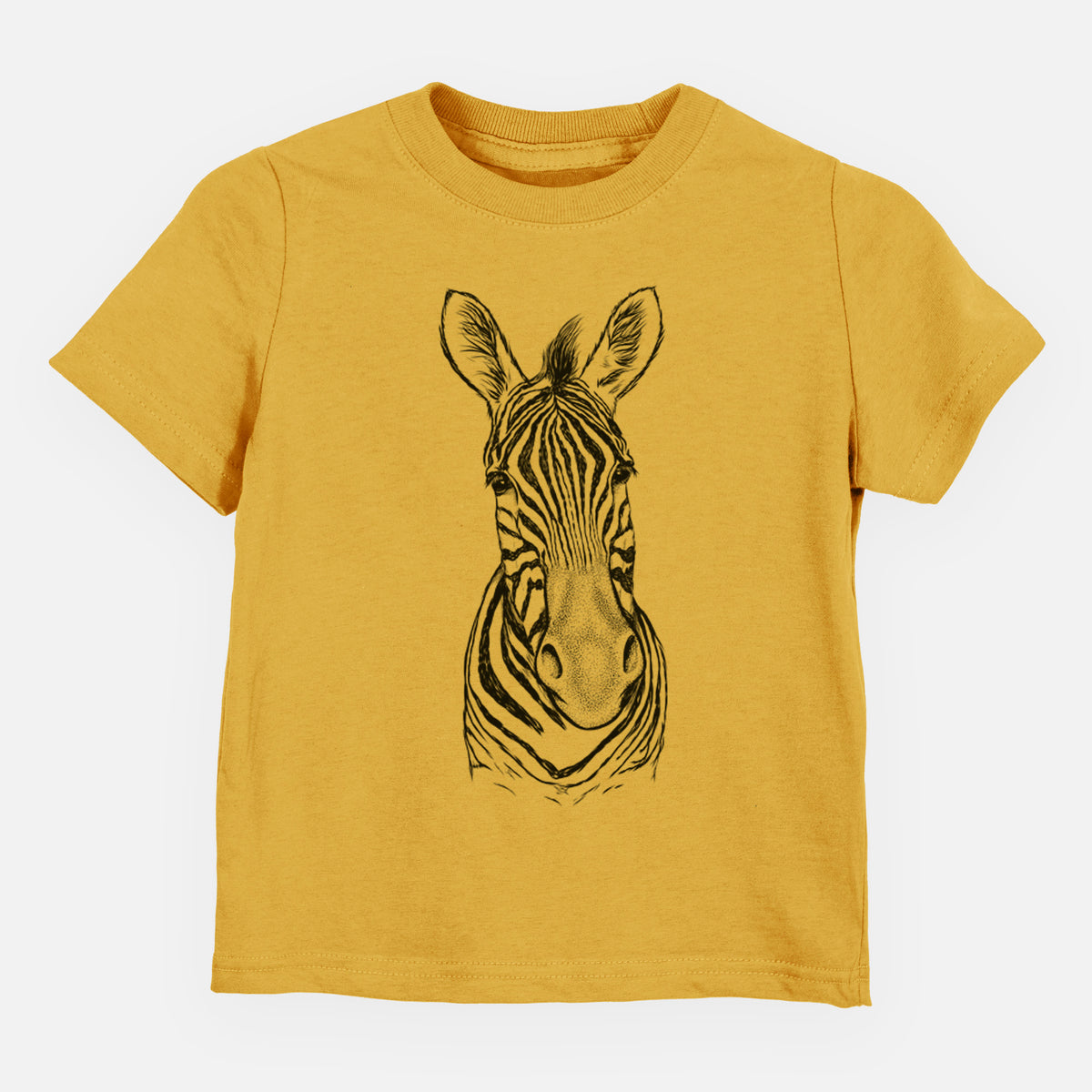 Honeycomb yellow toddler t-shirt laid flat, printed with a detailed black ink portrait of a Damara zebra facing forward.