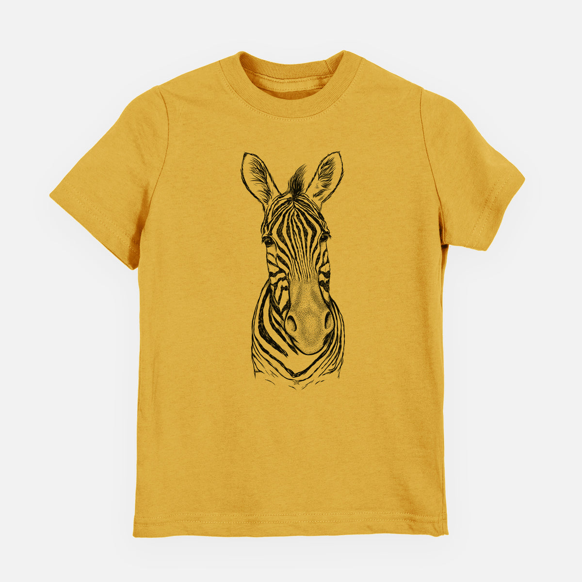 Honeycomb yellow youth t-shirt laid flat, printed with a detailed black ink portrait of a Damara zebra facing forward.