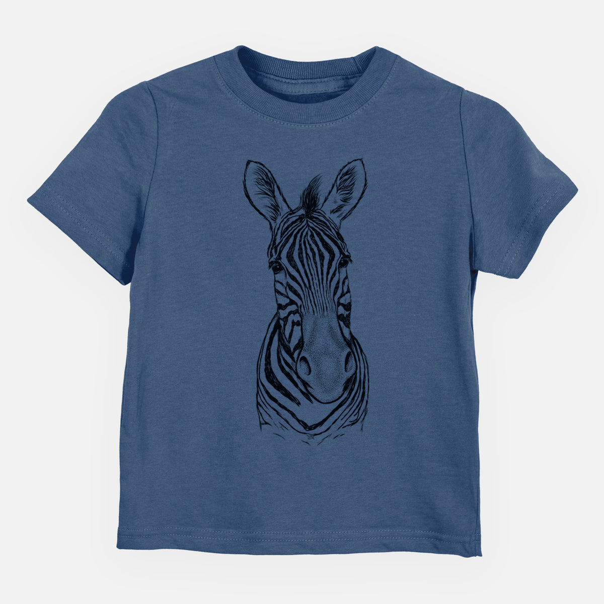 Indigo blue toddler t-shirt laid flat, printed with a detailed black ink portrait of a Damara zebra facing forward.