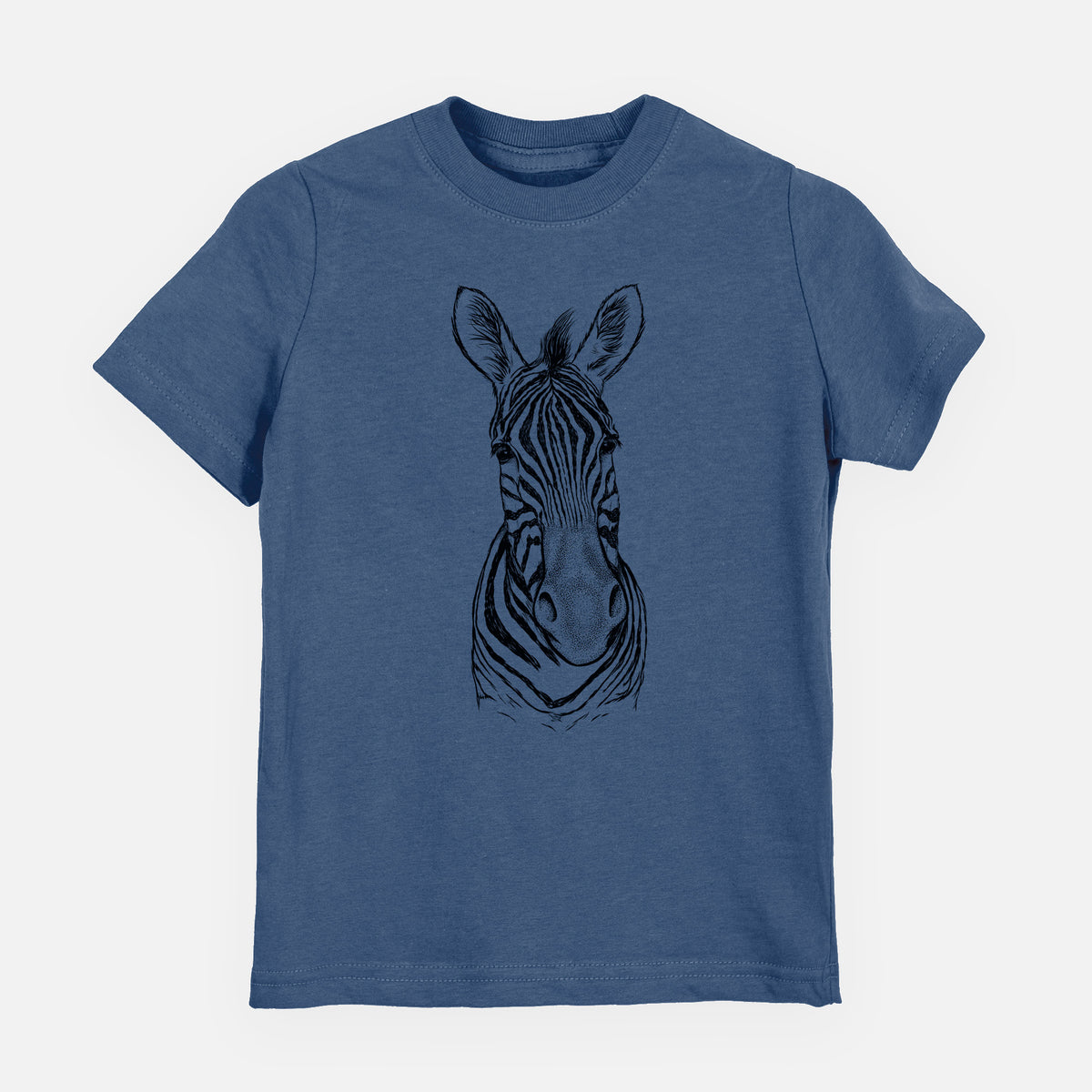 Indigo blue youth t-shirt laid flat, printed with a detailed black ink portrait of a Damara zebra facing forward.