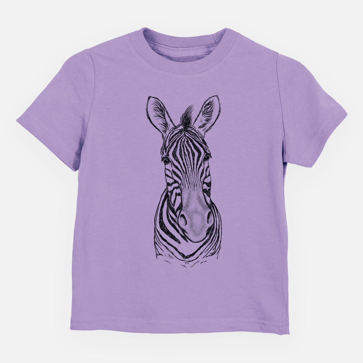 Lavender toddler t-shirt laid flat, printed with a detailed black ink portrait of a Damara zebra facing forward.