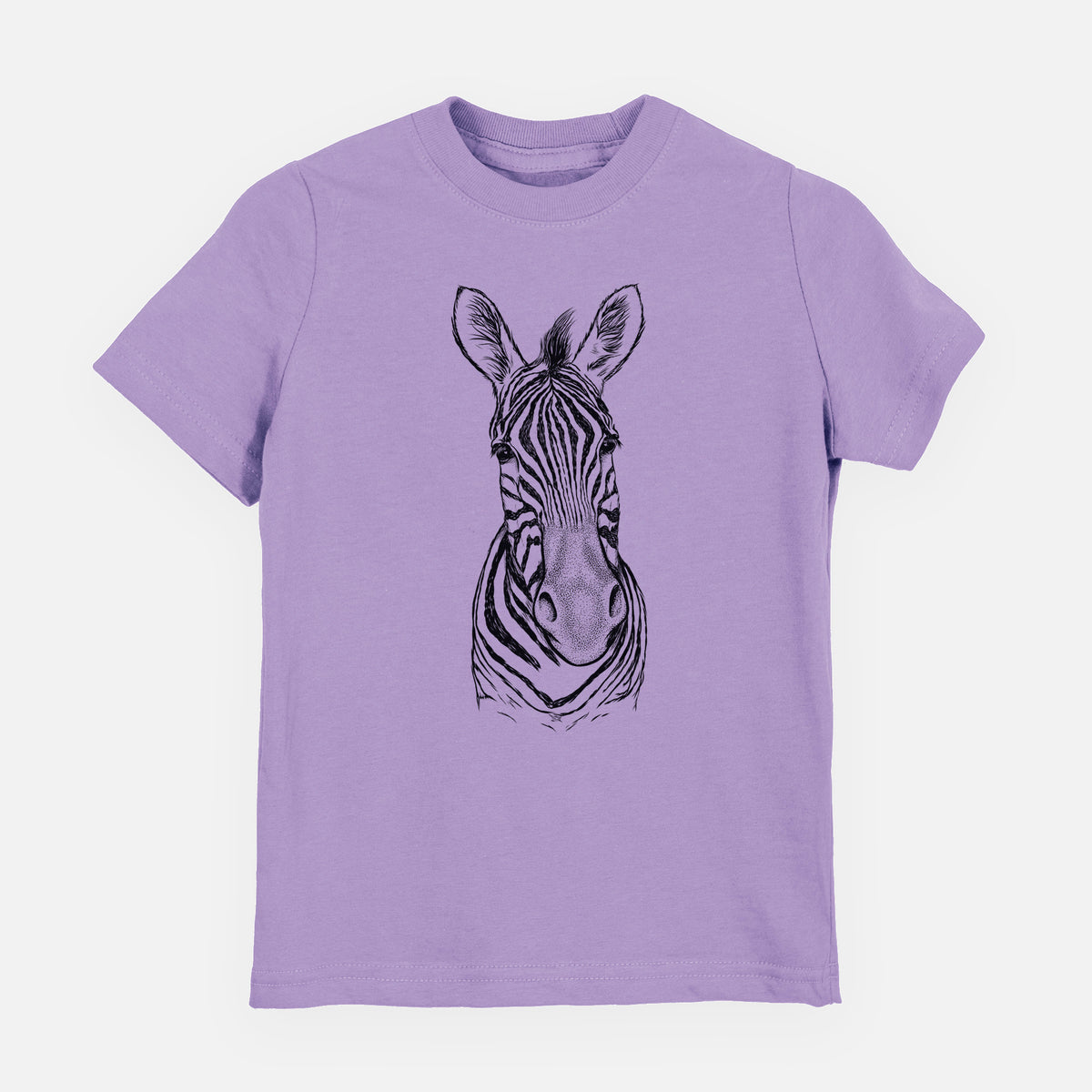 Lavender youth t-shirt laid flat, printed with a detailed black ink portrait of a Damara zebra facing forward.