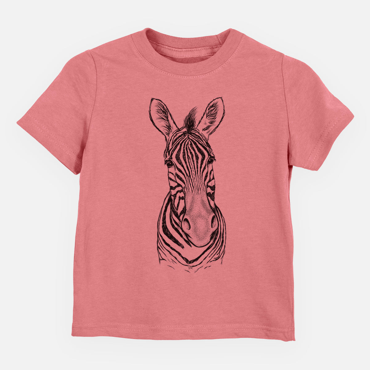 Mauve pink toddler t-shirt laid flat, printed with a detailed black ink portrait of a Damara zebra facing forward.