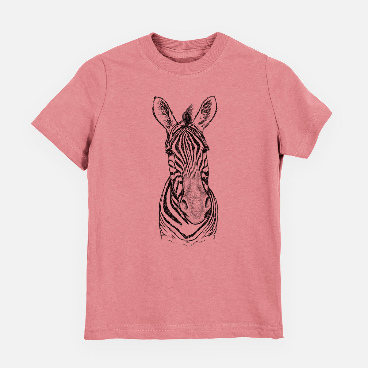 Mauve pink youth t-shirt laid flat, printed with a detailed black ink portrait of a Damara zebra facing forward.