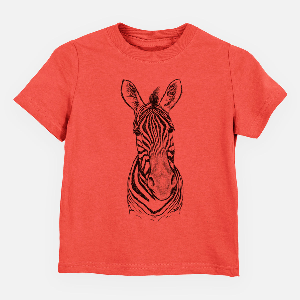 Passionfruit pink toddler t-shirt laid flat, printed with a detailed black ink portrait of a Damara zebra facing forward.