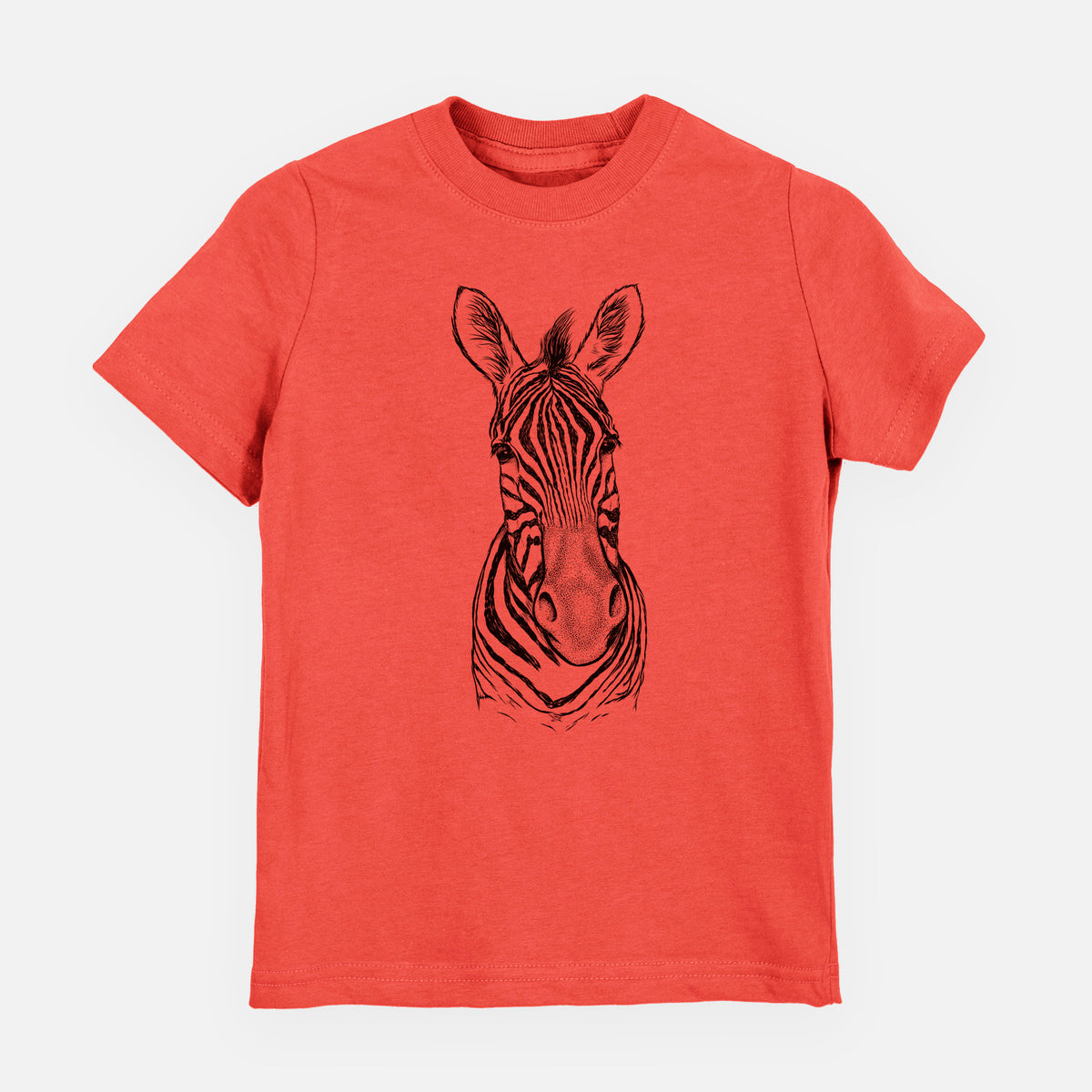 Passionfruit pink youth t-shirt laid flat, printed with a detailed black ink portrait of a Damara zebra facing forward.