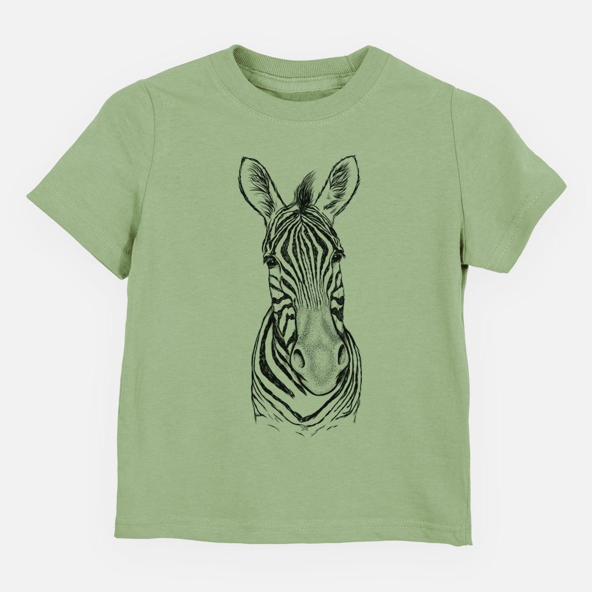 Sage green toddler t-shirt laid flat, printed with a detailed black ink portrait of a Damara zebra facing forward.