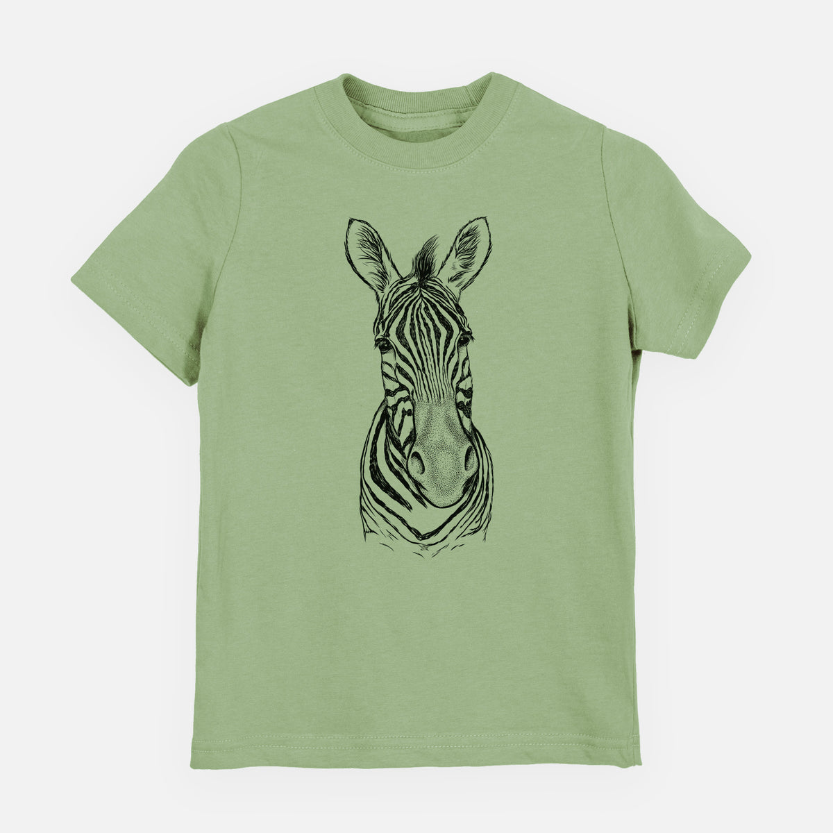 Sage green youth t-shirt laid flat, printed with a detailed black ink portrait of a Damara zebra facing forward.