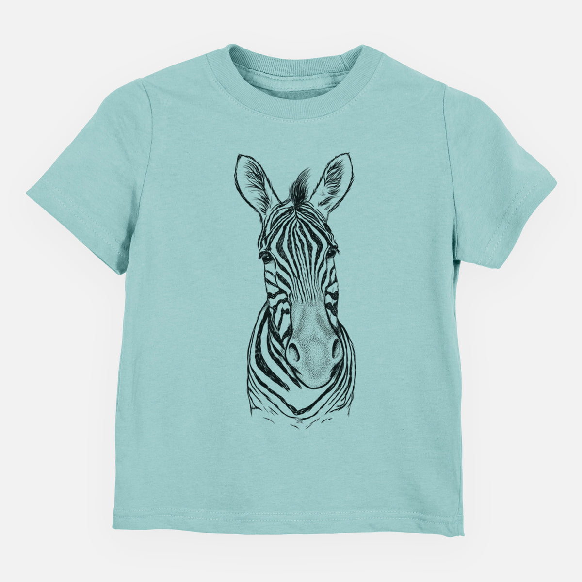 Saltwater toddler t-shirt laid flat, printed with a detailed black ink portrait of a Damara zebra facing forward.