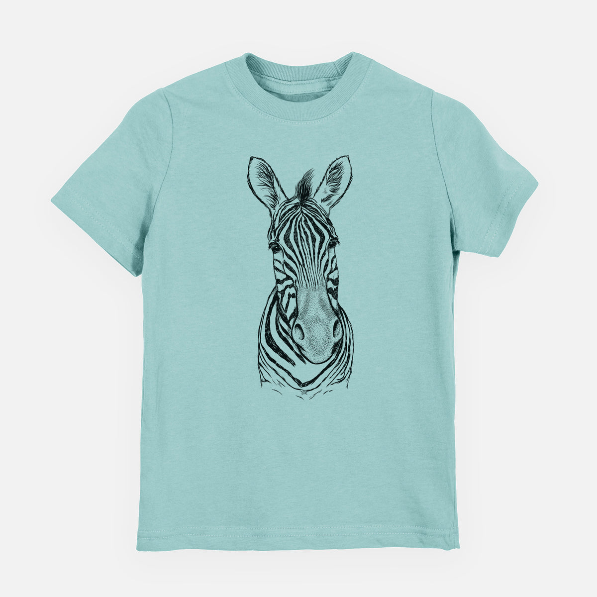 Saltwater youth t-shirt laid flat, printed with a detailed black ink portrait of a Damara zebra facing forward.